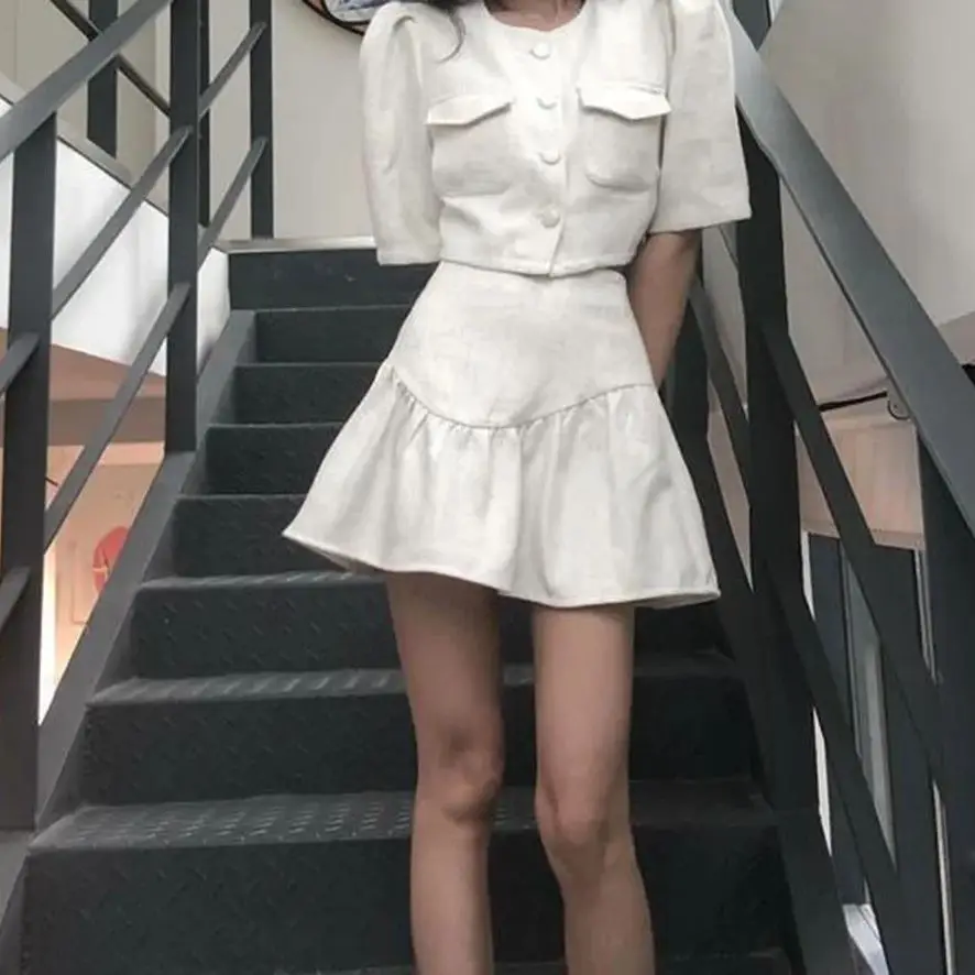 Suit Bubble High Quality Sleeve Top Round Neck Puffy Skirt Korean Sweet Women Fashion Solid Xiaoxiangfeng Slim Temperament Suit