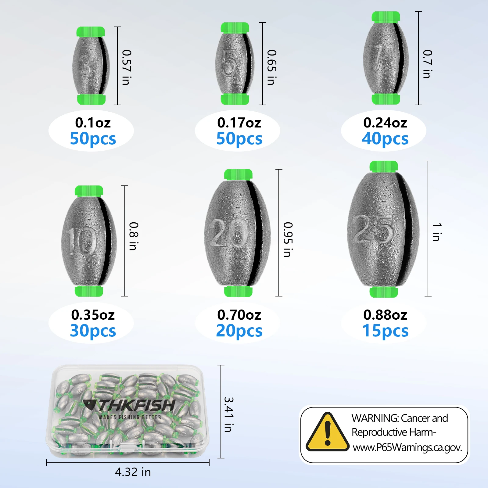 THKFISH Fishing Sinkers Kit Quick Clip-On Lead Weights 3g 5g 7g 10g 20g 25g Olive Shaped Lead Sinker with Plastic Core