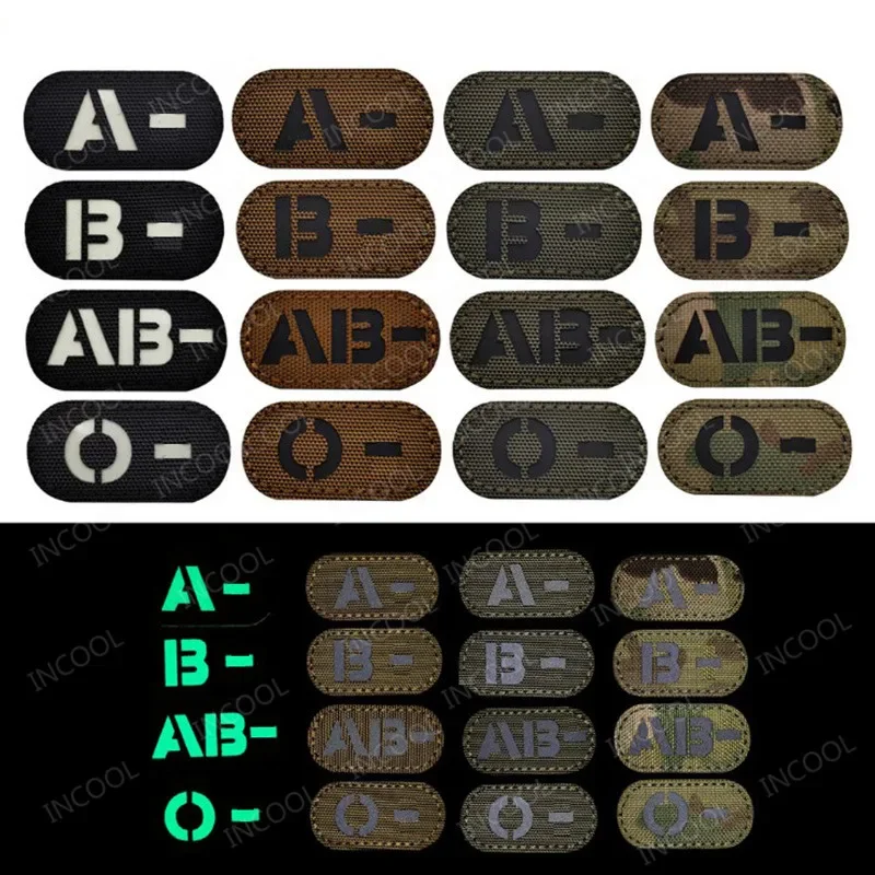 Blood Type A B AB O Positive POS Negative NEG IR Reflective Patches White Glow In Dark Appliques Hook Loop Decorative Badges