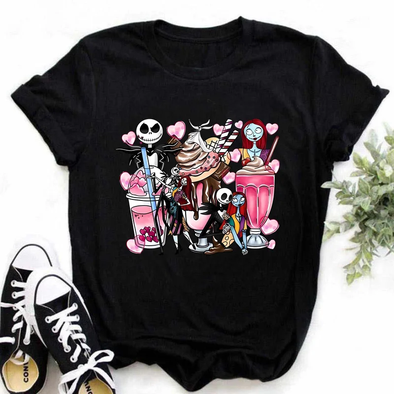 Disney The Nightmare Before Christmas Jack Sally Print Women T-Shirt Casual Short Sleeve T-Shirt for Spring Summer Girl Clothing