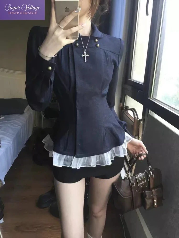 

Autumn Korean Fashion Vintage Elegant Tops Women Slim Long Sleeve Lace Lapel Denim Shirt Office Lady Casual Solid Thin Blouses