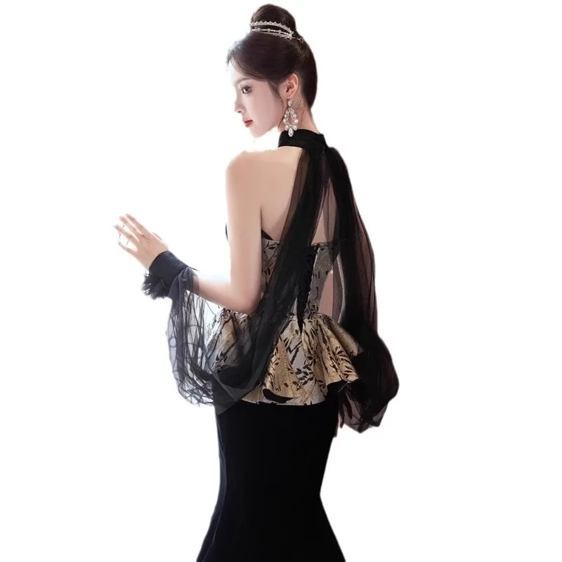 Vestido largo de fiesta de terciopelo Vintage para mujer, vestido largo de fiesta de noche negro, apliques expuestos elegantes, vestidos para ocasiones formales de sirena