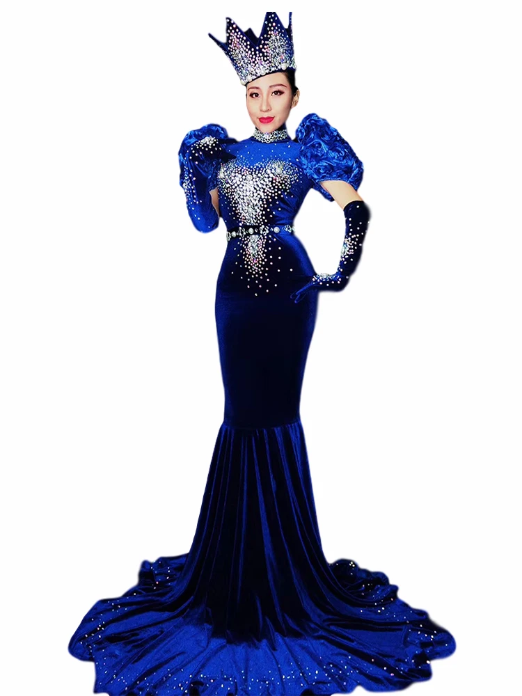 Sparkly Evening Celebrate Tail Blue Dresses luxry elegant floor length rhinstone crown formal opera singer performance outfit