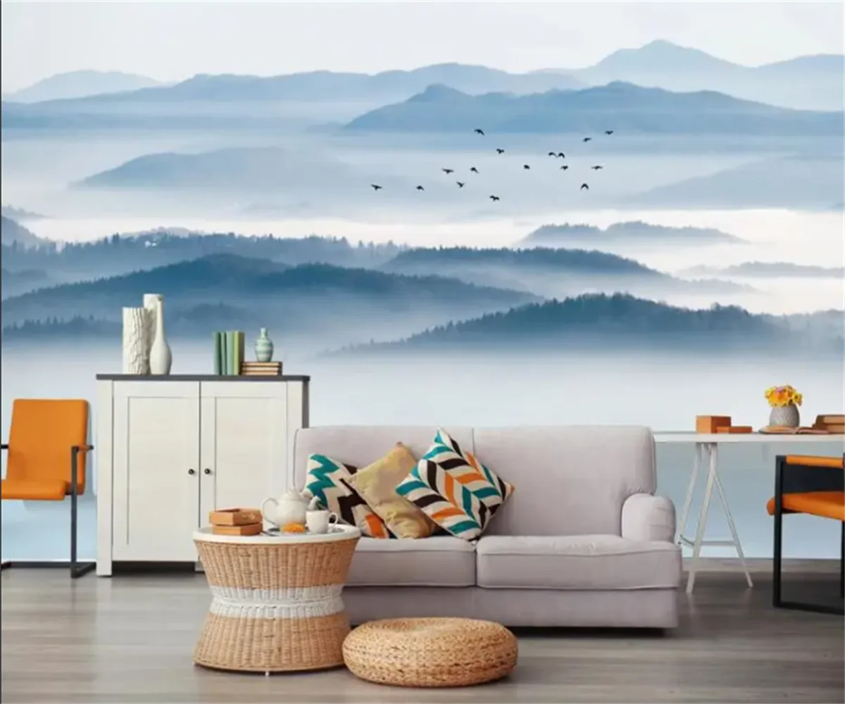 

Beibehang новые китайские чернила горный пейзаж птицы гостиная абстрактный синий ТВ интерьер фон papel de parede 3d обои