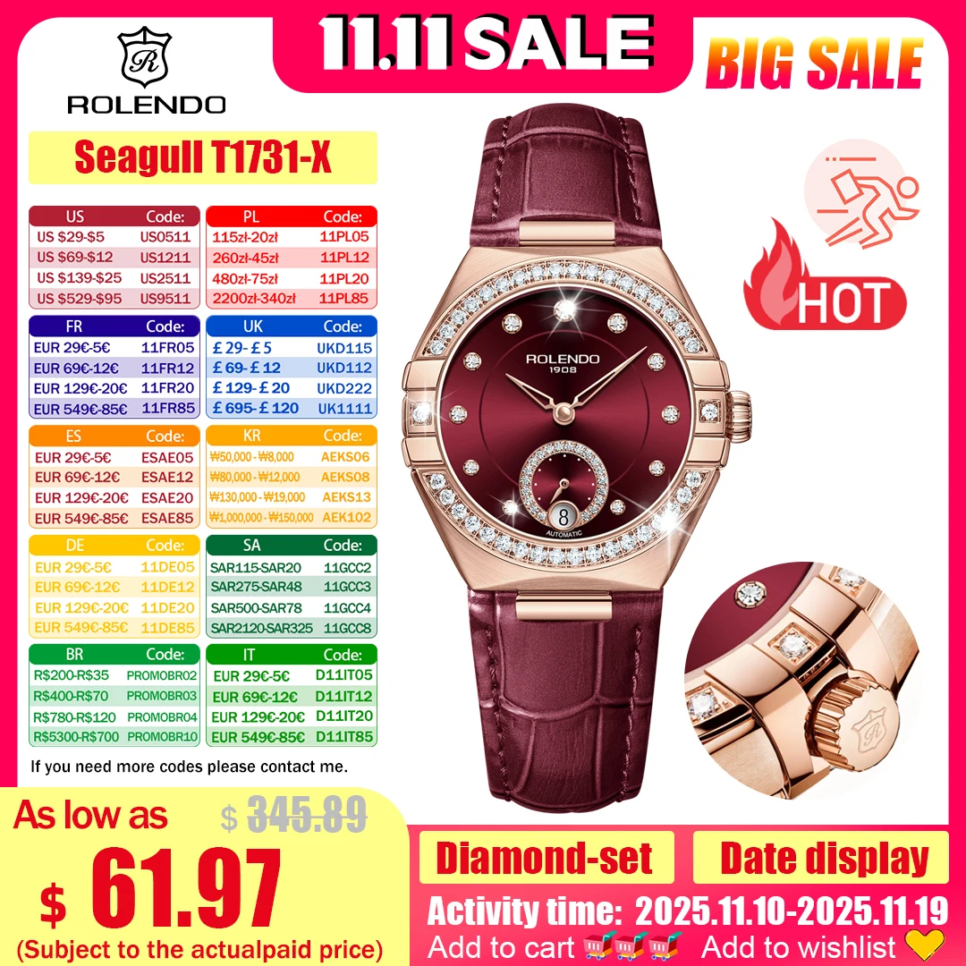 

ROLENDO Constellation автоматические часы женские 33 мм сапфировое зеркало бордовый кожаный ремешок календарь дисплей водонепроницаемые часы подарок