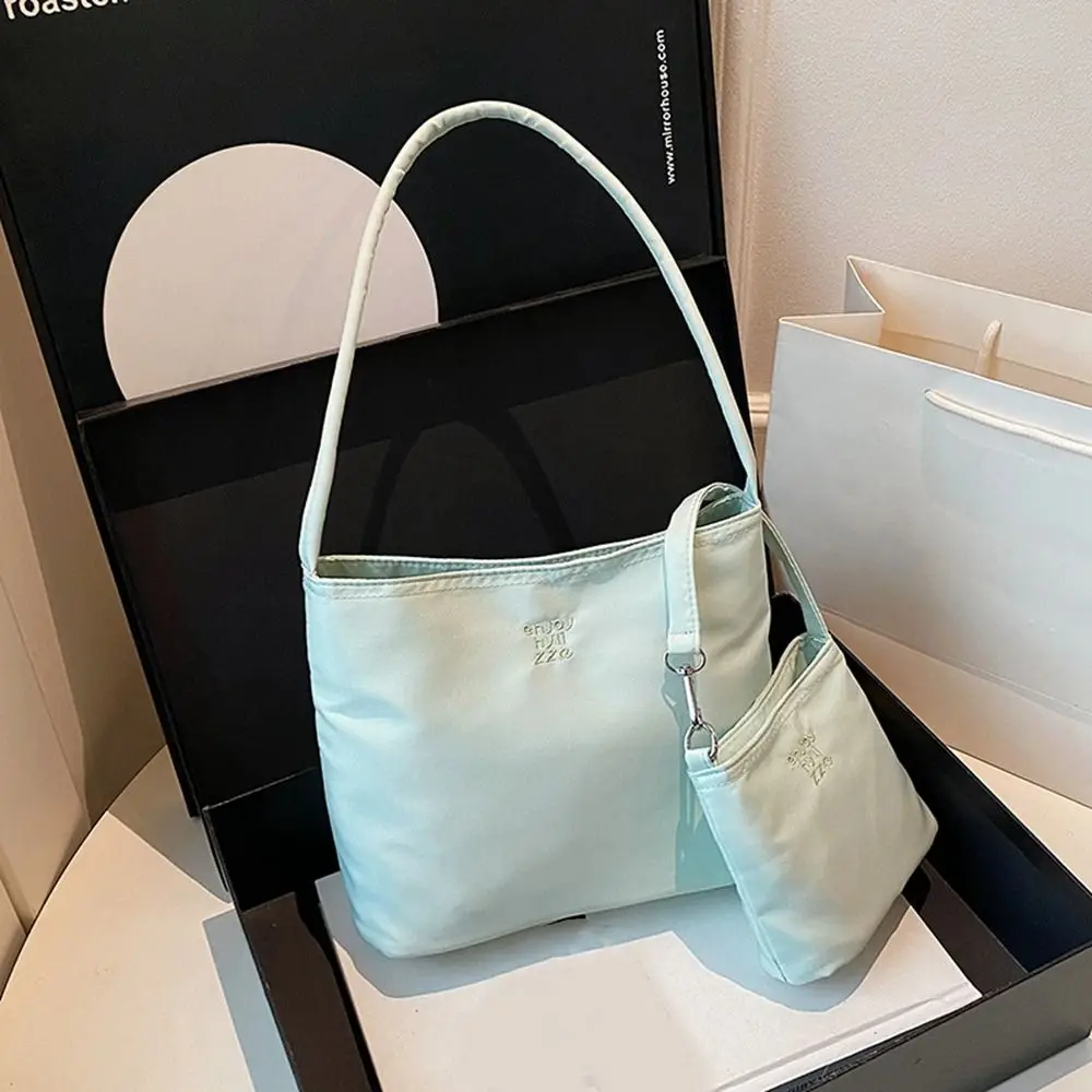 Korean Style Nylon Tote Bag Handbag Large Capacity Embroidery Letter Underarm Bag All-match Pure Color Cloth Shoulder Bag Travel