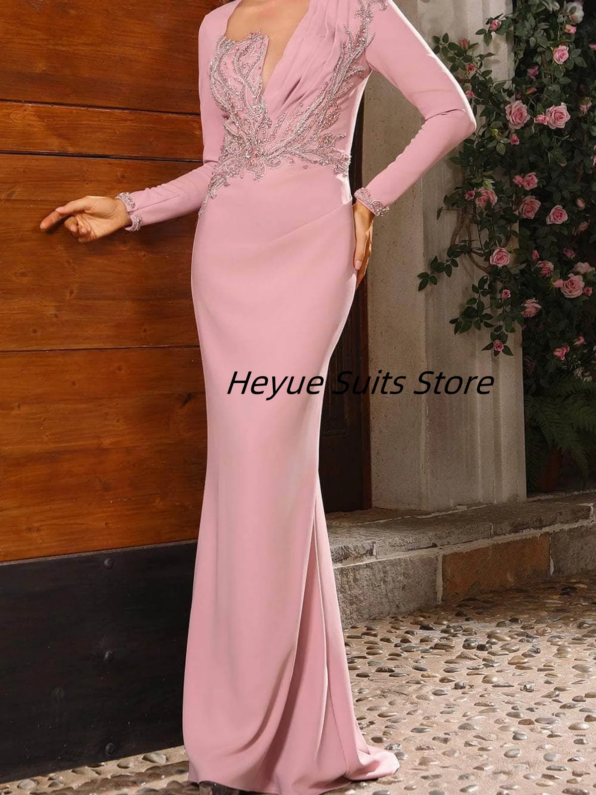 TIANTIAN Aangepaste kralen applique lange mouwen geplooide dweiljurk met volledige rug Formele avond galajurk فسات CNN • 2017-