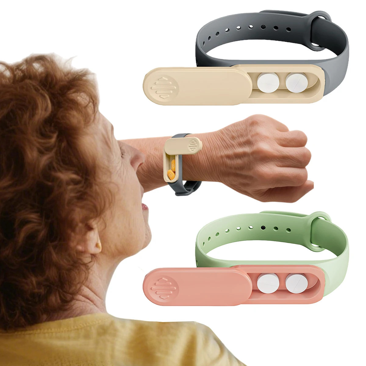 1 pulsera para pastillas, caja de primeros auxilios portátil estilo pulsera que puede girar 360 grados, utilizada para transportar medicamentos a mano.