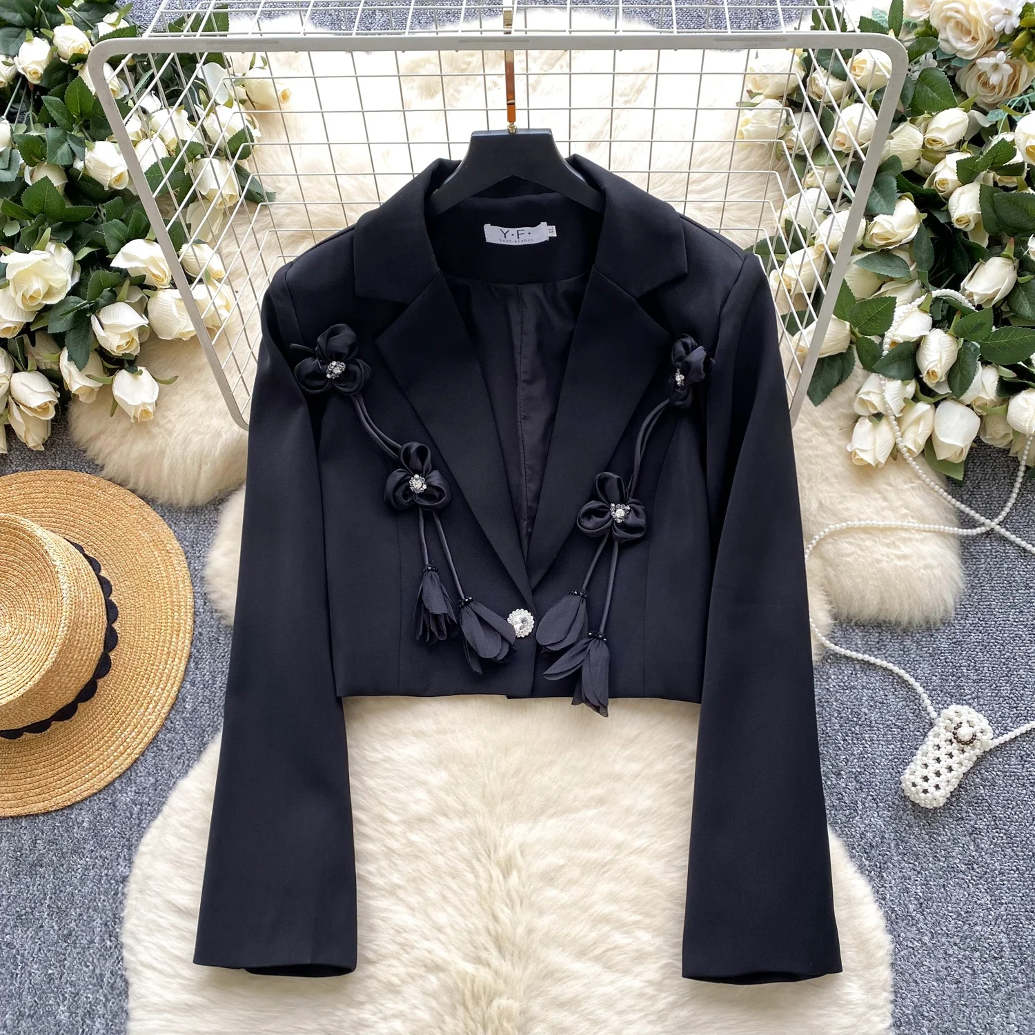 

Clothland Women Stylish Flower Tassel Blazer Short Style White Black Long Sleeve Crop Top Beaded Party Event Coat Tops CB173