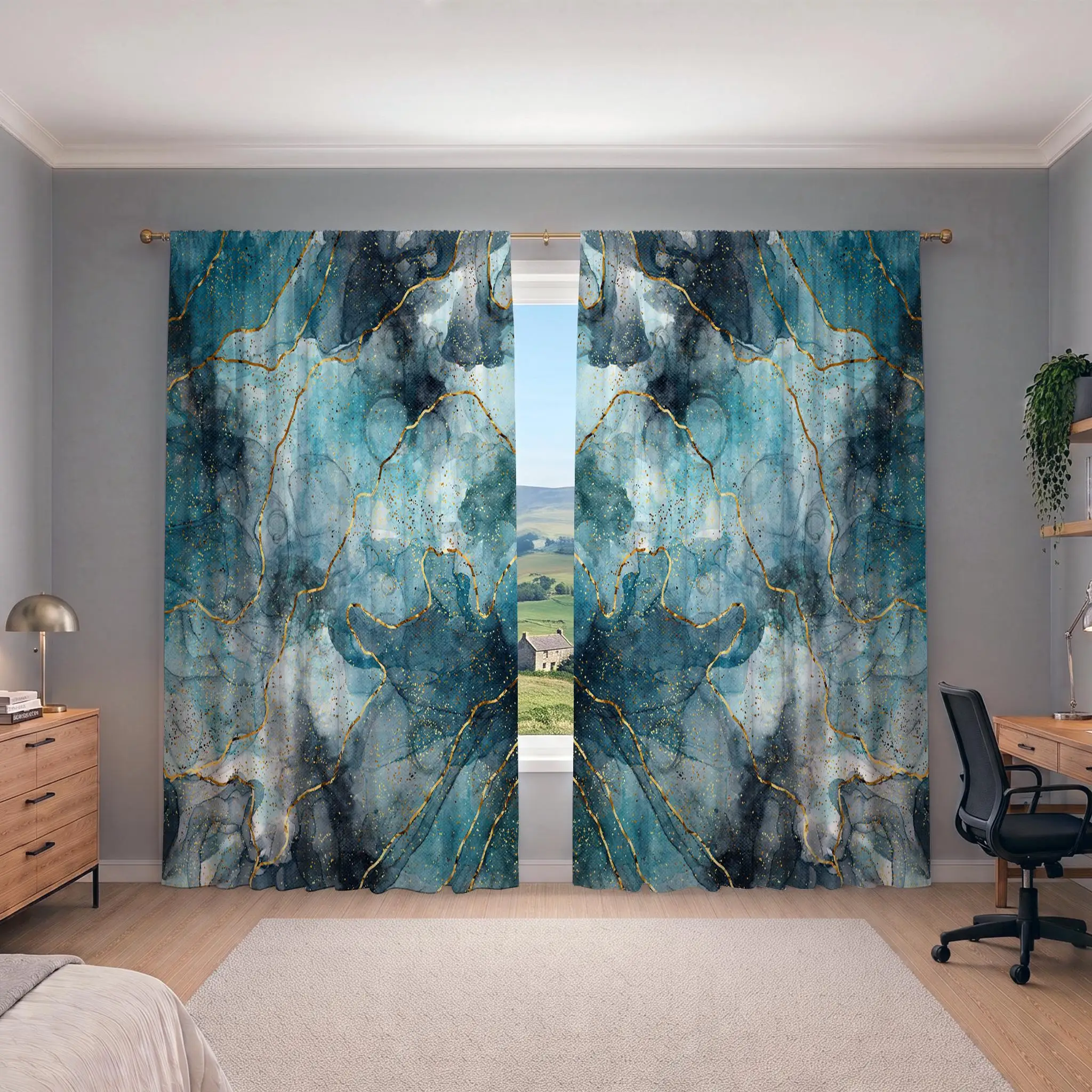 Abstract Blue Gold Marble Print Curtain Panels for Modern Home Decor Window Treatment