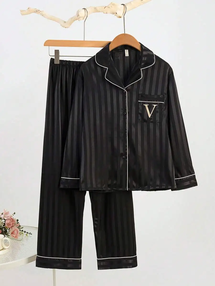 2pcs Women Striped Ice Silk Pajama Set Long Sleeve Turn-Down Collar Sleepwear