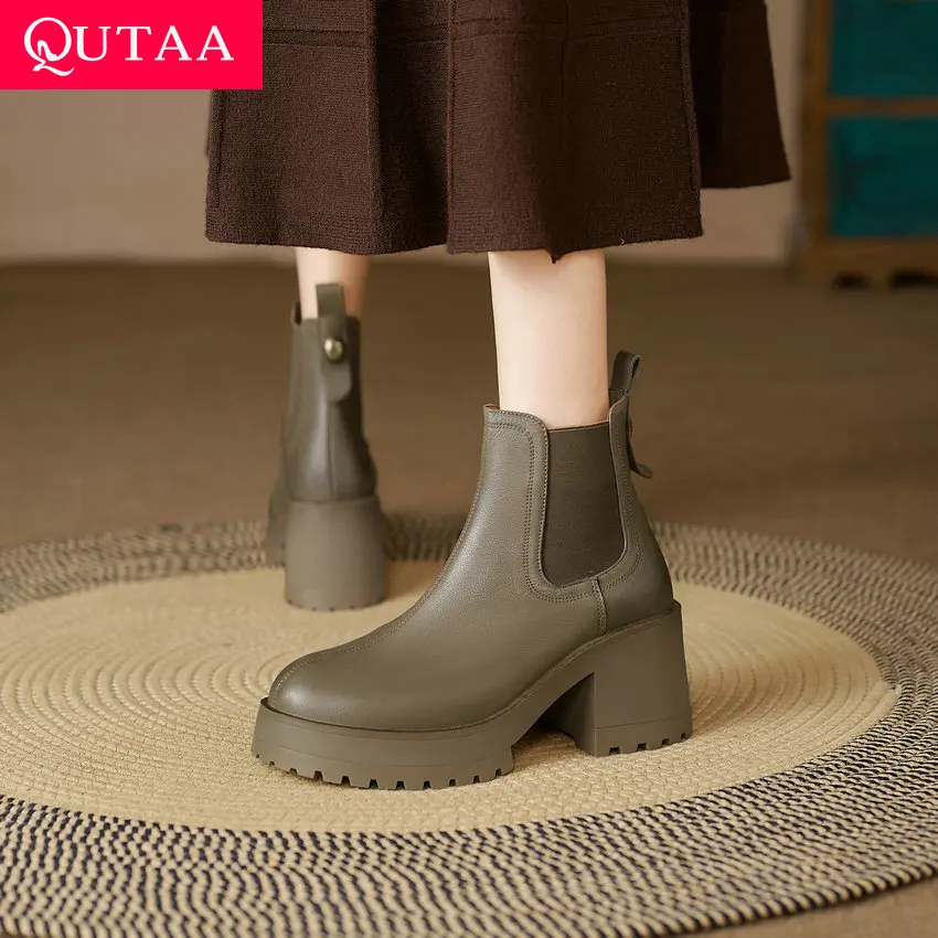 

QUTAA 2024 Women Ankle Boots Thick High Heels Autumn Winter Short Boots Basic Office Lady Genuine Leather Shoes Woman Size 34-39