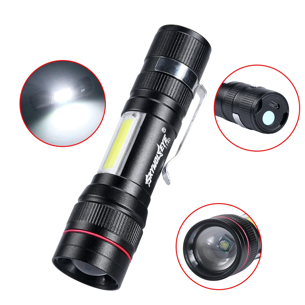 500 Lumens LED Double Faced COB Aluminum Alloy USB Charging Flashlight for Outdoor with 3 Modes