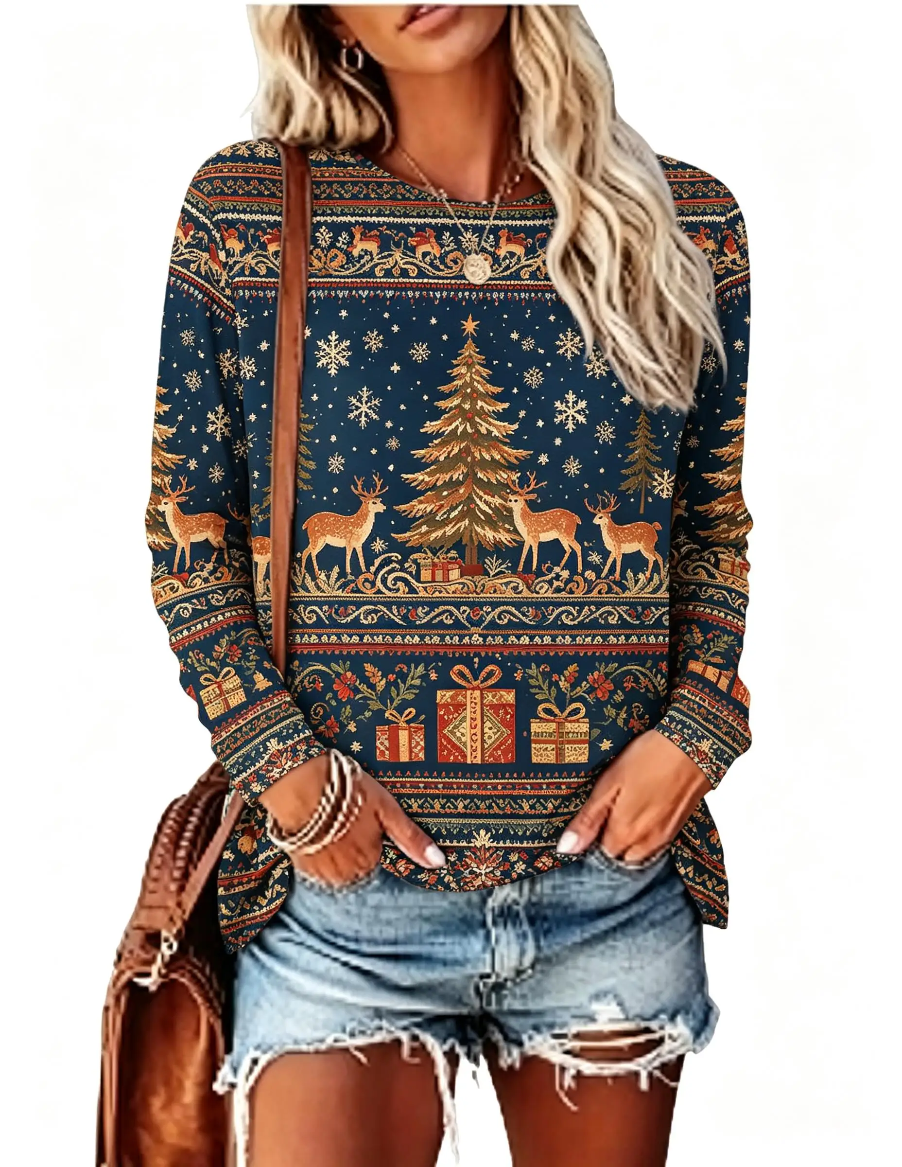 Women Christmas Tree Deer Print Long Sleeve T‑Shirt O‑Neck Snowflake Graphic Casual Fall Winter Tops