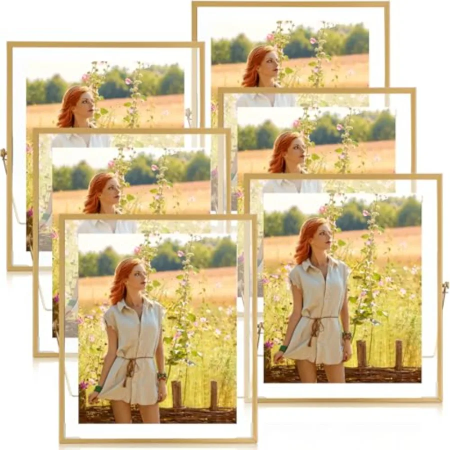 

Набор из 6 золотых фоторамок с плавающей рамкой, металлические, винтажные, геометрические, для вертикальной настольной установки или настенного крепления