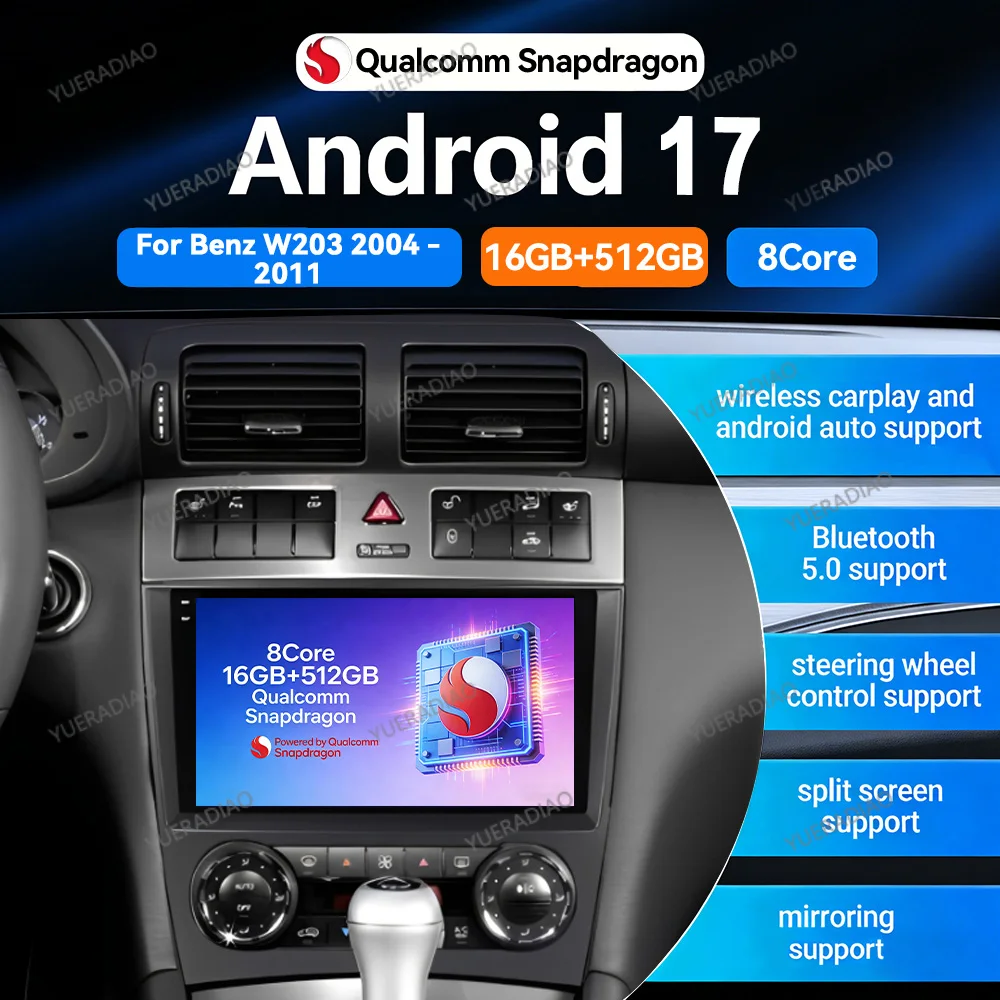 Android 17 Car Radio For Mercedes Benz C-Class C Class W203 W209 C180 C200 CL203 C209 A209 2004 - 2011 GPS NAVI 2DIN QLED BT