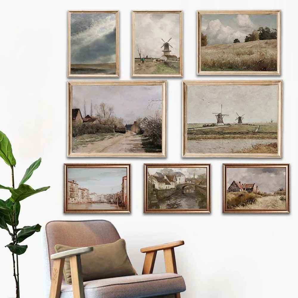 Nordic Woodland Scenery Rustic Vintage Farm Windmill Abstract Wall Art Sky Amsterdam Town View Drawing for Home Decorations