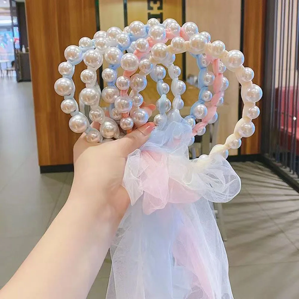 

3PCS Random Color Cute Girl's Pearl Streamer Headband Handmade Mesh Princess Bow Hairless Ponytail Braided Hair Accessories