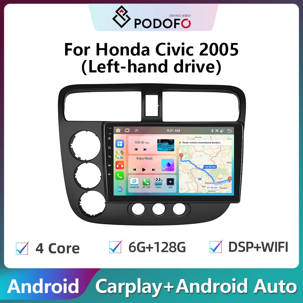 

Podofo 2din Android Car Radio For Honda Civic 2005 6G+128G Carplay Stereo Player Autoradio WIFI GPS Navigation FM/RDS