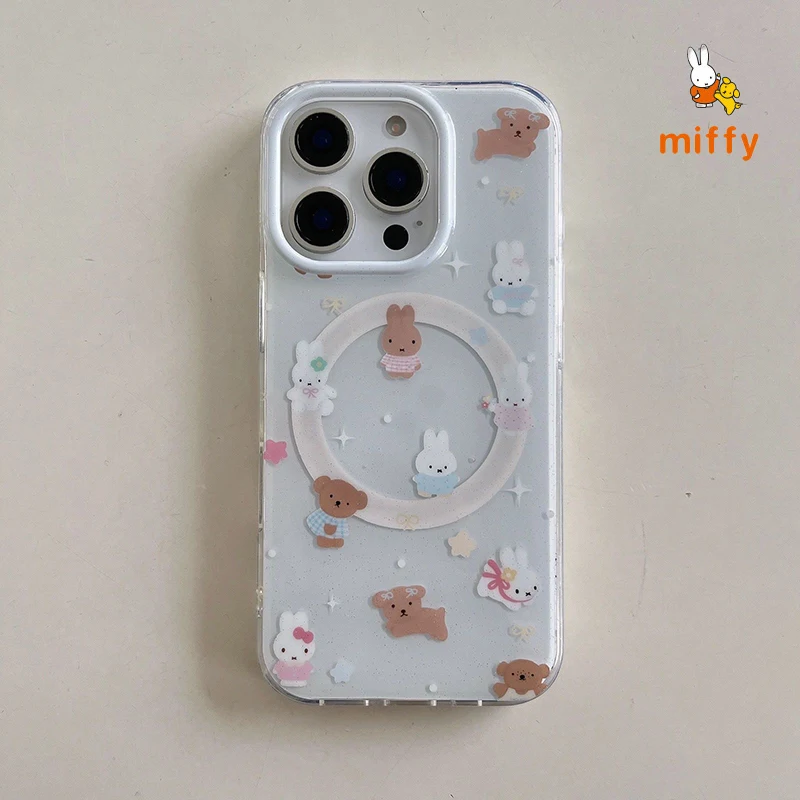 Kawaii Miffy الهاتف قذيفة مناسبة آيفون 17 16 15 14 الكرتون المغناطيسي حامل بوريس و Snuffy مكافحة قطرة جراب هاتف فتاة الهدايا