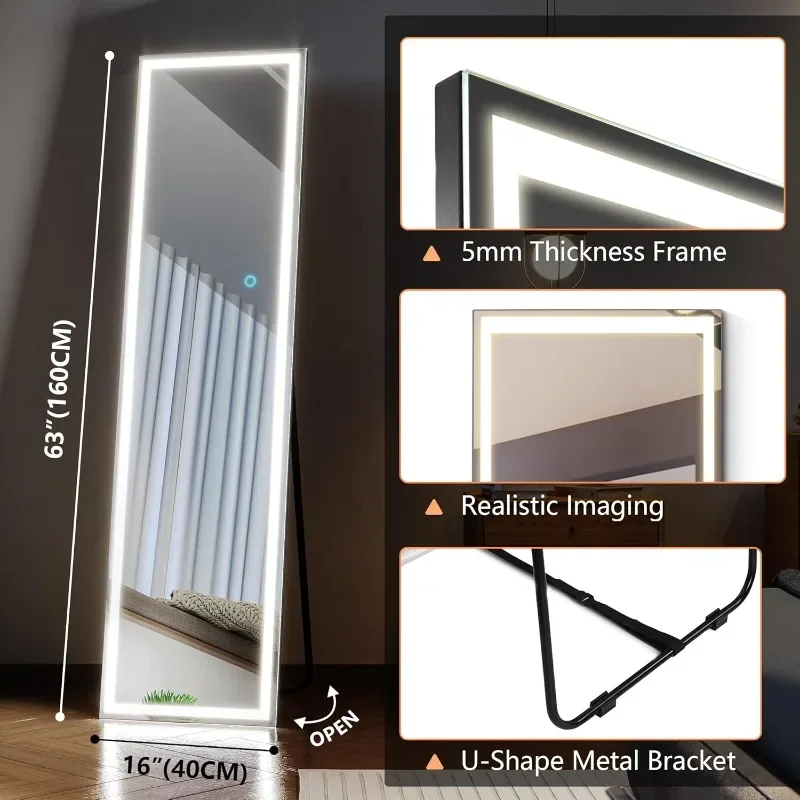 

LVSOMT Stand Up Full Length Mirror, Free Standing Floor Mirror, Full Body Lighted Mirror, 3 Color Lighting (63"x16", Black)
