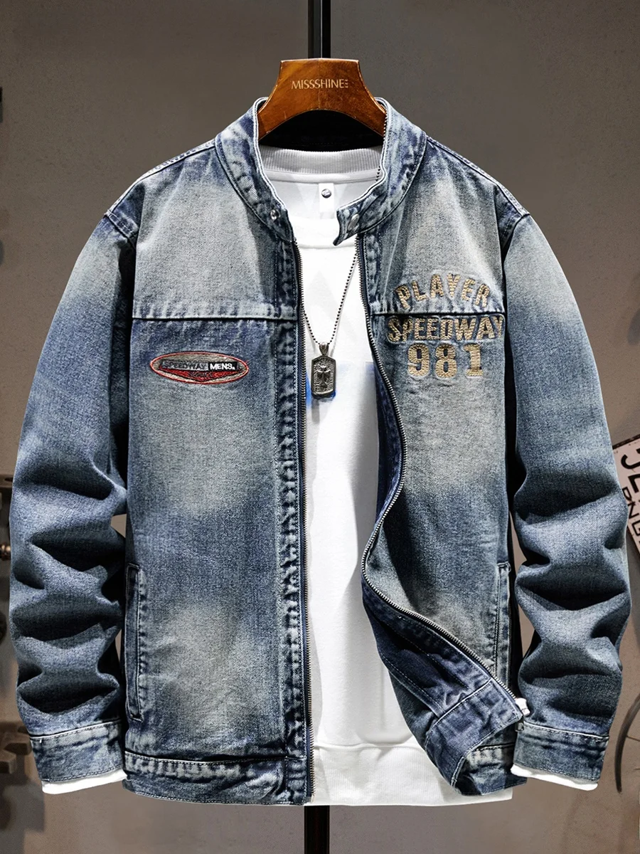 

Faionable Denim Jaet for Men with Embroidery And Zipper Stand Collar Waed Baseball Sle Casual Long Sve Jaet