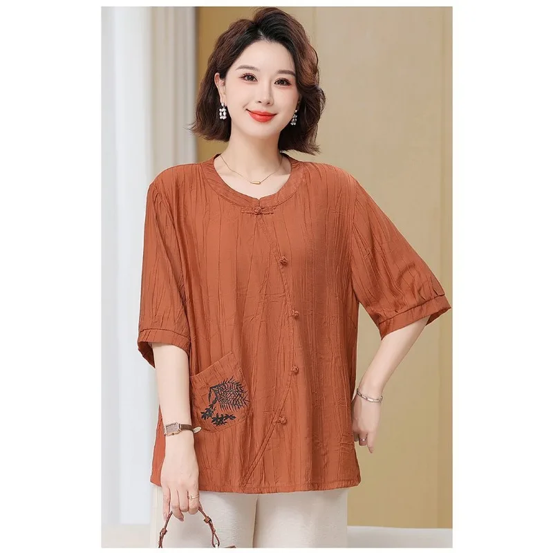 

Women's Chinese Style Linen Blouse Round Neck 3/4 Sleeve Asymmetrical Button Loose Casual Shirt for Summer