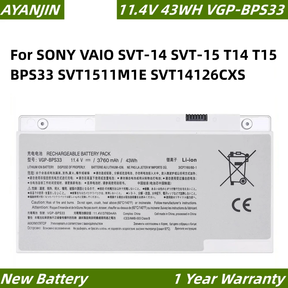 VGP-BPS33แบตเตอรี่แล็ปท็อป43WH 11.4V สำหรับ SONY VAIO SVT-14 SVT-15 T14 T15 BPS33 SVT14126CXS SVT1511M1E