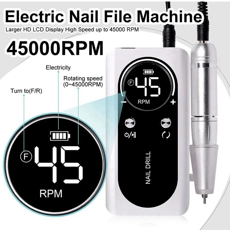 45000RPM Electric Portable Nail Drill Machine Rechargeable Low Noise Nail Sander File For Manicure Salon Tool