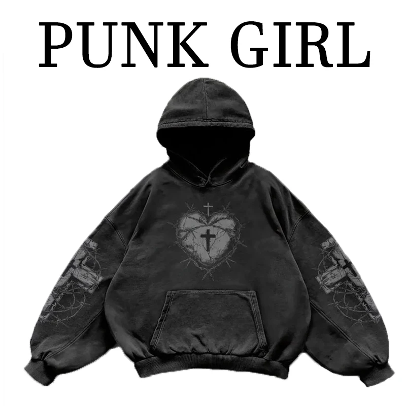 سترة بغطاء للرأس للخريف والشتاء، على الطراز الأوروبي والأمريكي، سترة بغطاء للرأس مطبوعة جديدة، طراز قوطي فاسق عتيق عتيق #1