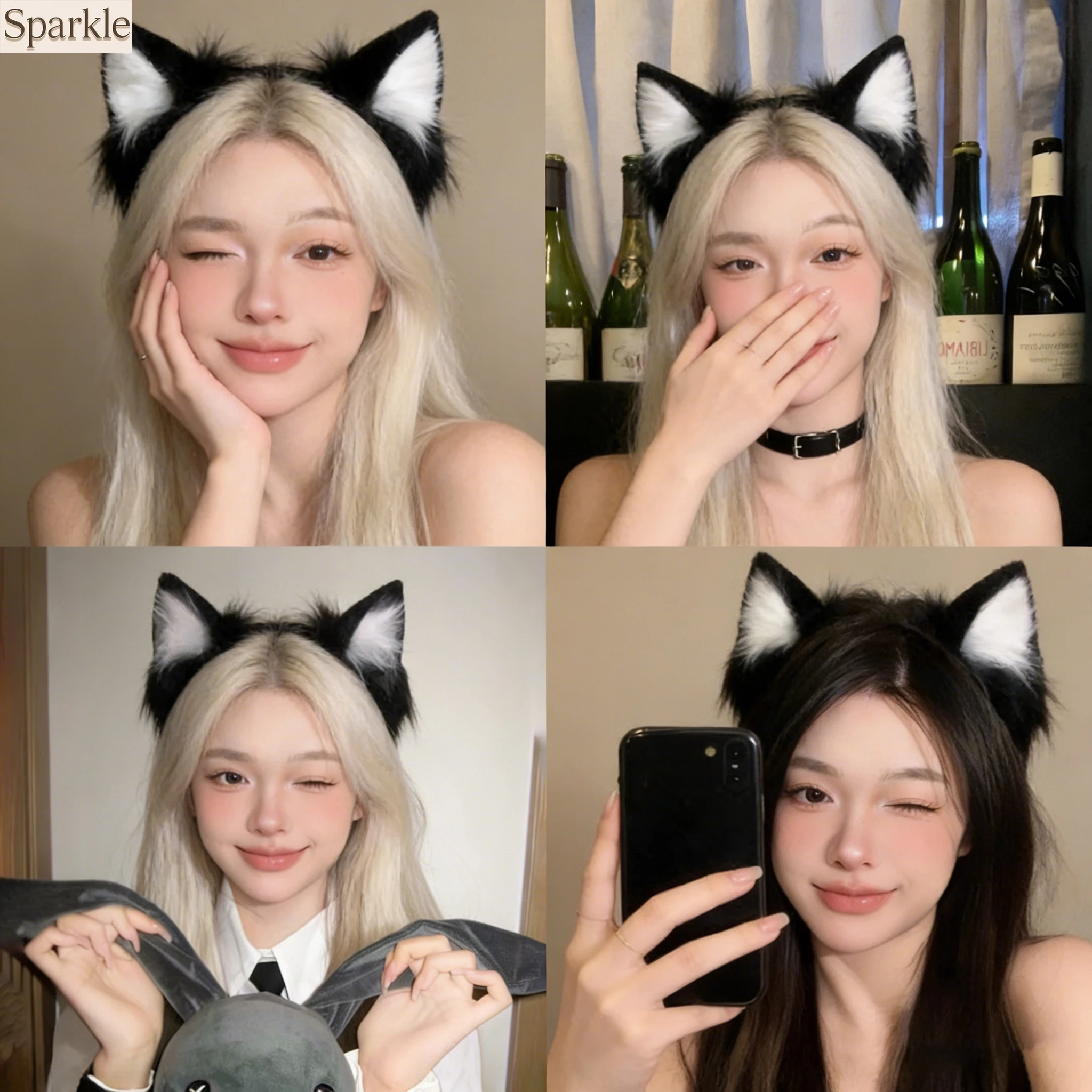 Women's Plush Cat Ear Headband And Tail Set Cosplay Animal Costume Hair Hoop for Halloween Party Dress-Up Accessory Gift