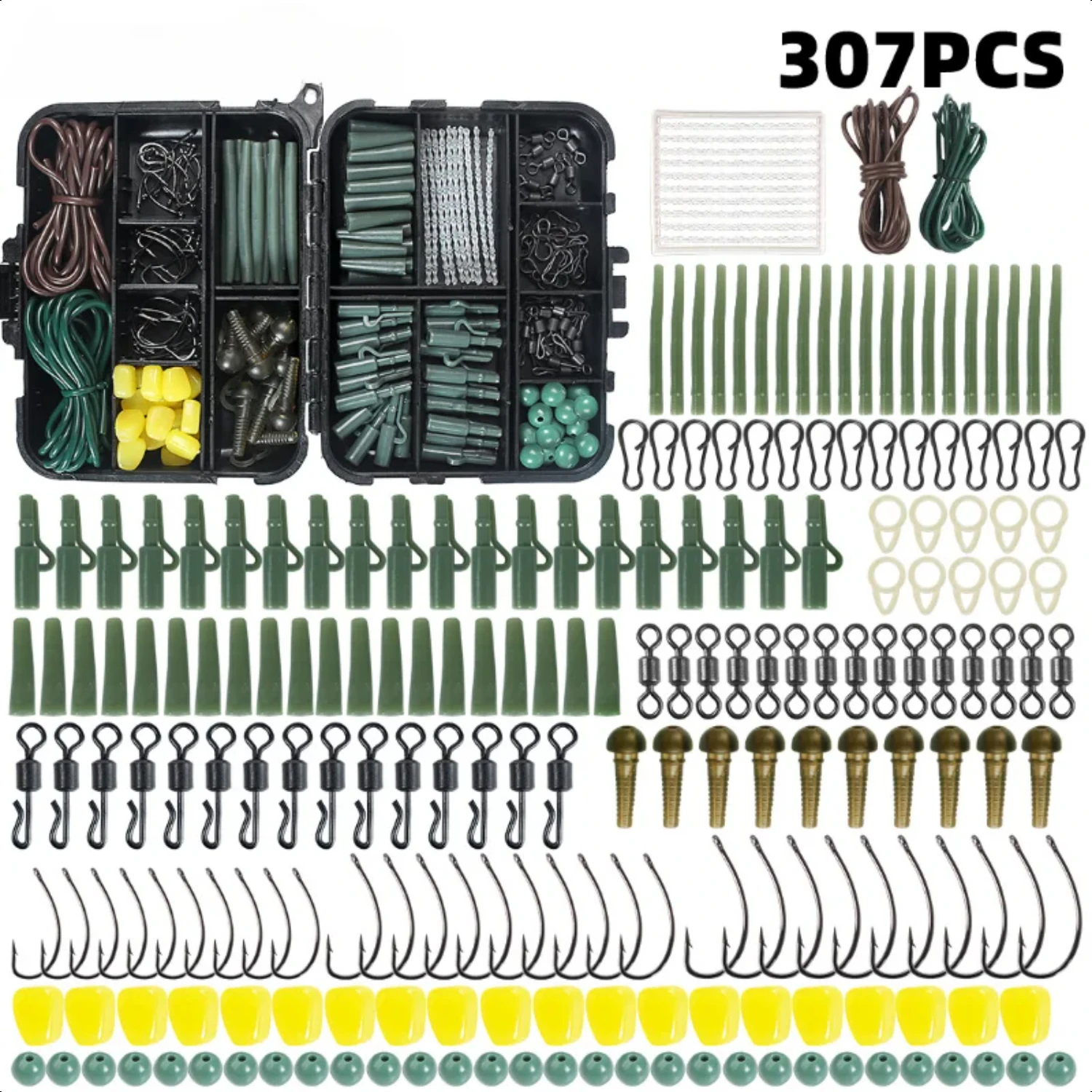 

307pcs Carp Fishing Tackle Kit in Box Fishing Swivels Snaps Rubber Anti Sleeves Hook Stop Beads Fishing Accessories