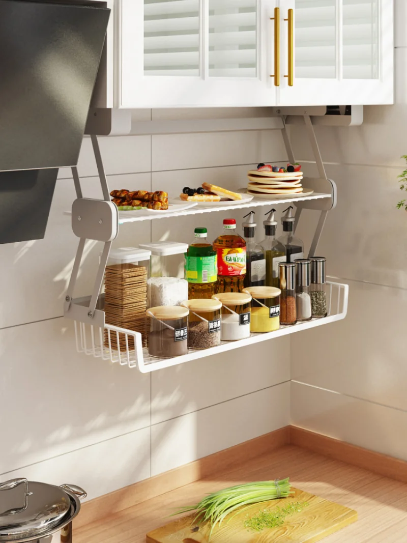 Kitchen Cabinet Hanging Cabinet Lower Lifting Basket Telescopic Folding Pull-down Condiment Dishes Shelving Double Layer