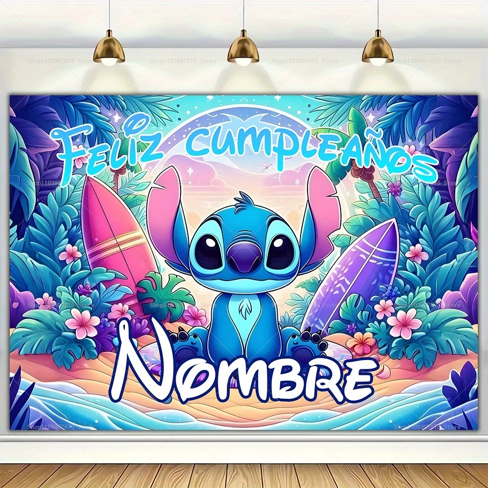 Banner de fiesta de cumpleaños de Lilo y Stitch personalizable, decoración de Feliz Cumpleaños para niños, fondo de fotografía, pancarta para Baby Shower