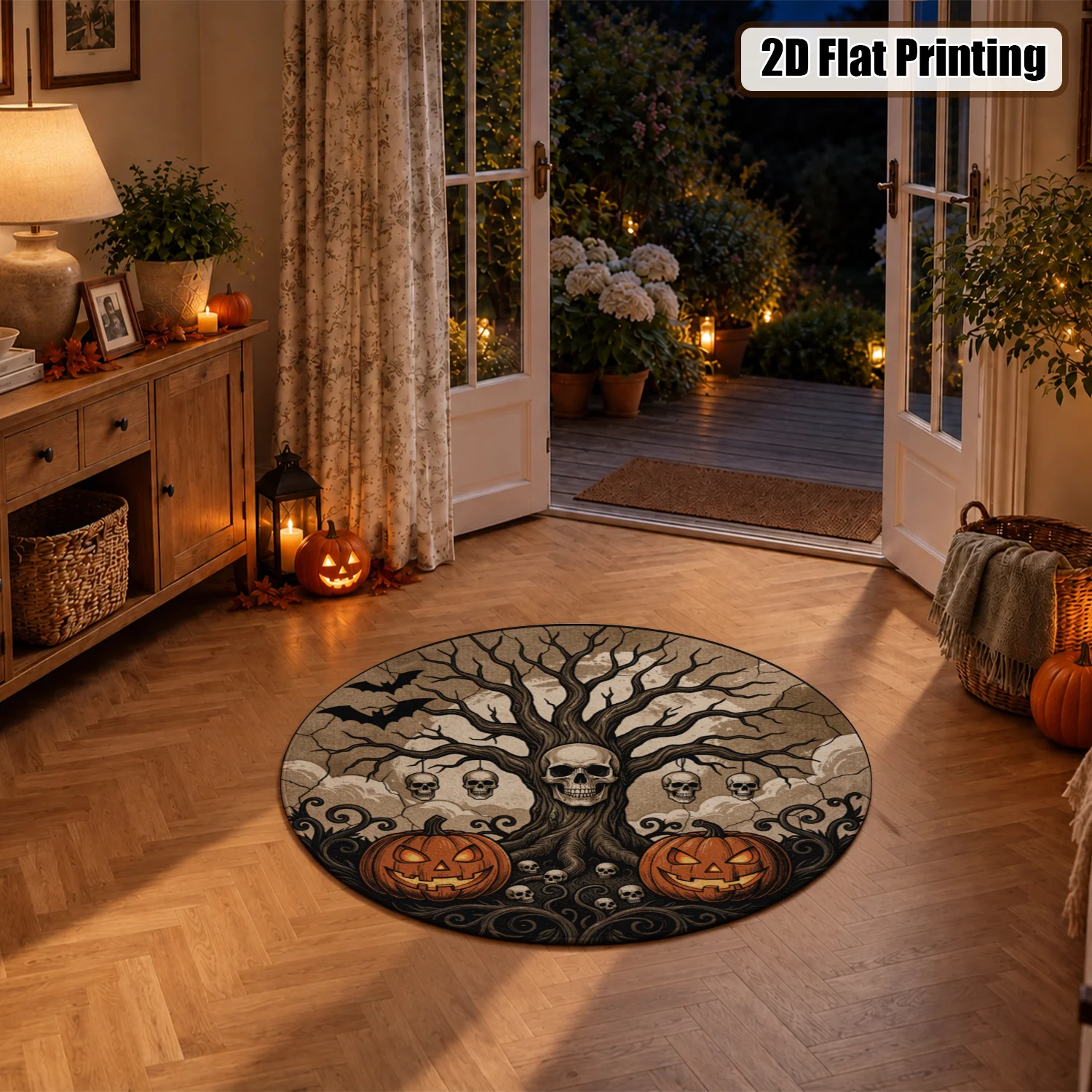 Halloween Skull Tree Jack-o-Lantern Round Velvet Area Rug, Machine Washable, Stays Securely in Place, Ideal for Entryway, Living Room, Dining Area, Perfect for Halloween, Thanksgiving, Christmas, New Year, Black Friday, Cyber Monday Holiday Decor