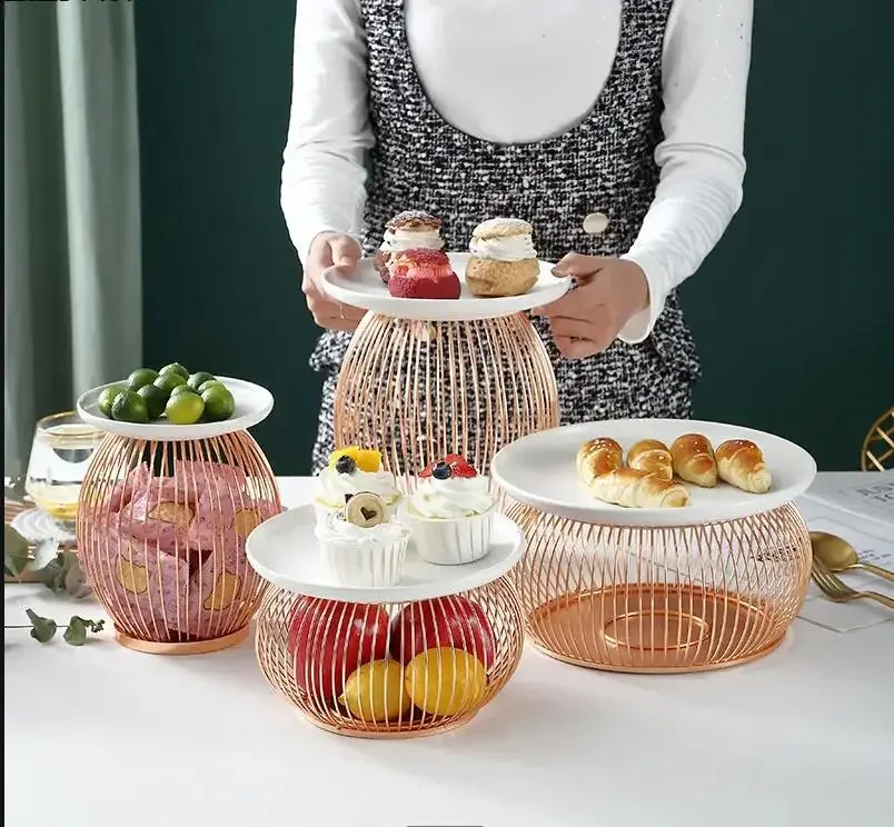 

Ceramic Metal Fruit Plate Afternoon Tea Dessert Display Frame Modern Snack Candy Storage Household Tableware