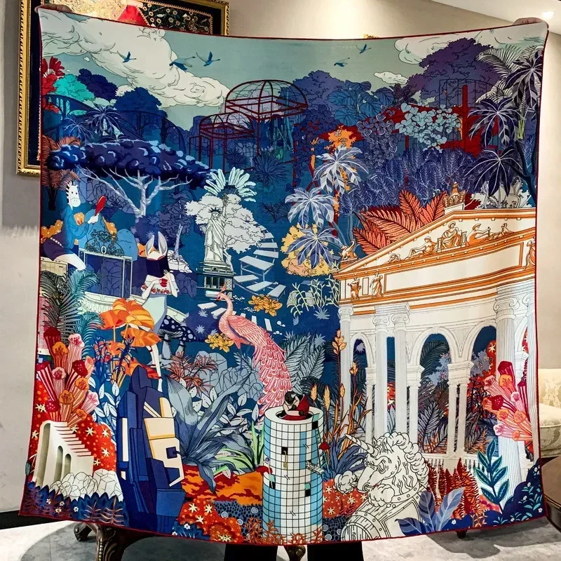 

High-end Elegant Women Fine Scenery Statue of Liberty Double-sided Print Quality Silk Wool Hand-rolled Large Square Scarf Shawl