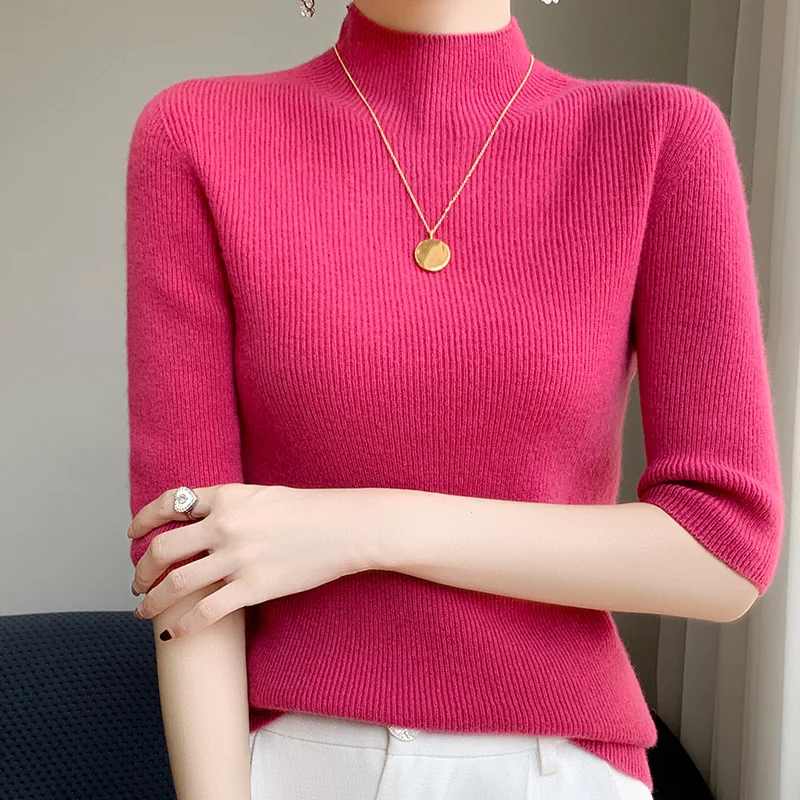 100% pure wool five-point sleeve women's semi-high collar with slim autumn and winter new fashion knitted bottoming shirt.