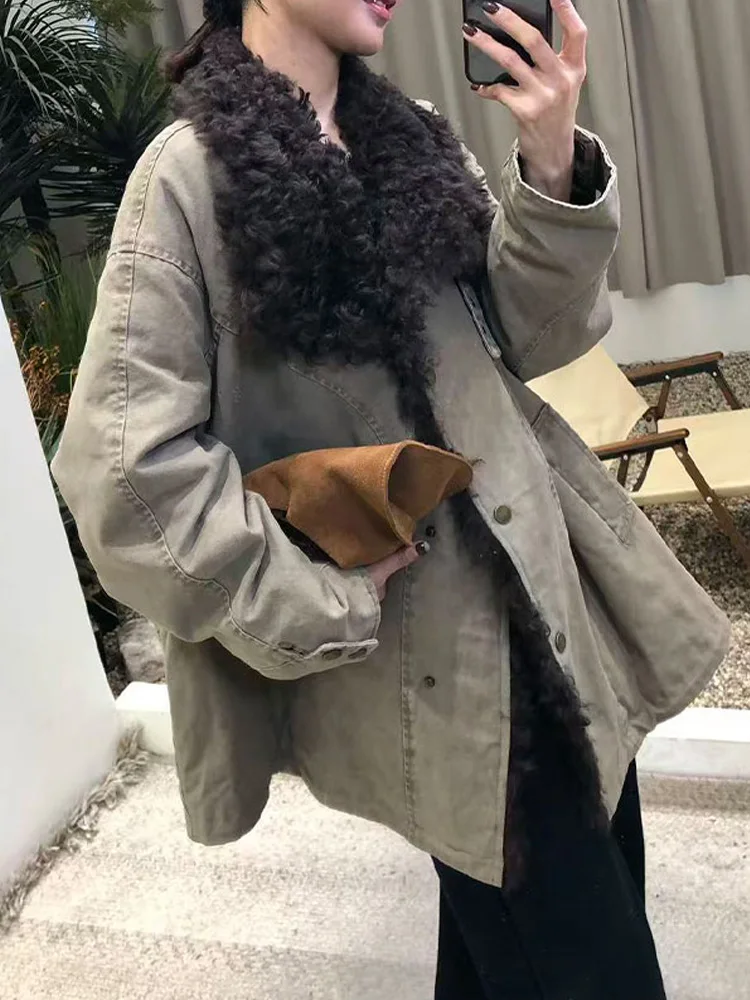 

European Style plus Size Lamb Fur Collar Parka down Cotton Jacket Women Winter Slimming Mid-Length Leather Fur Integrated Coat