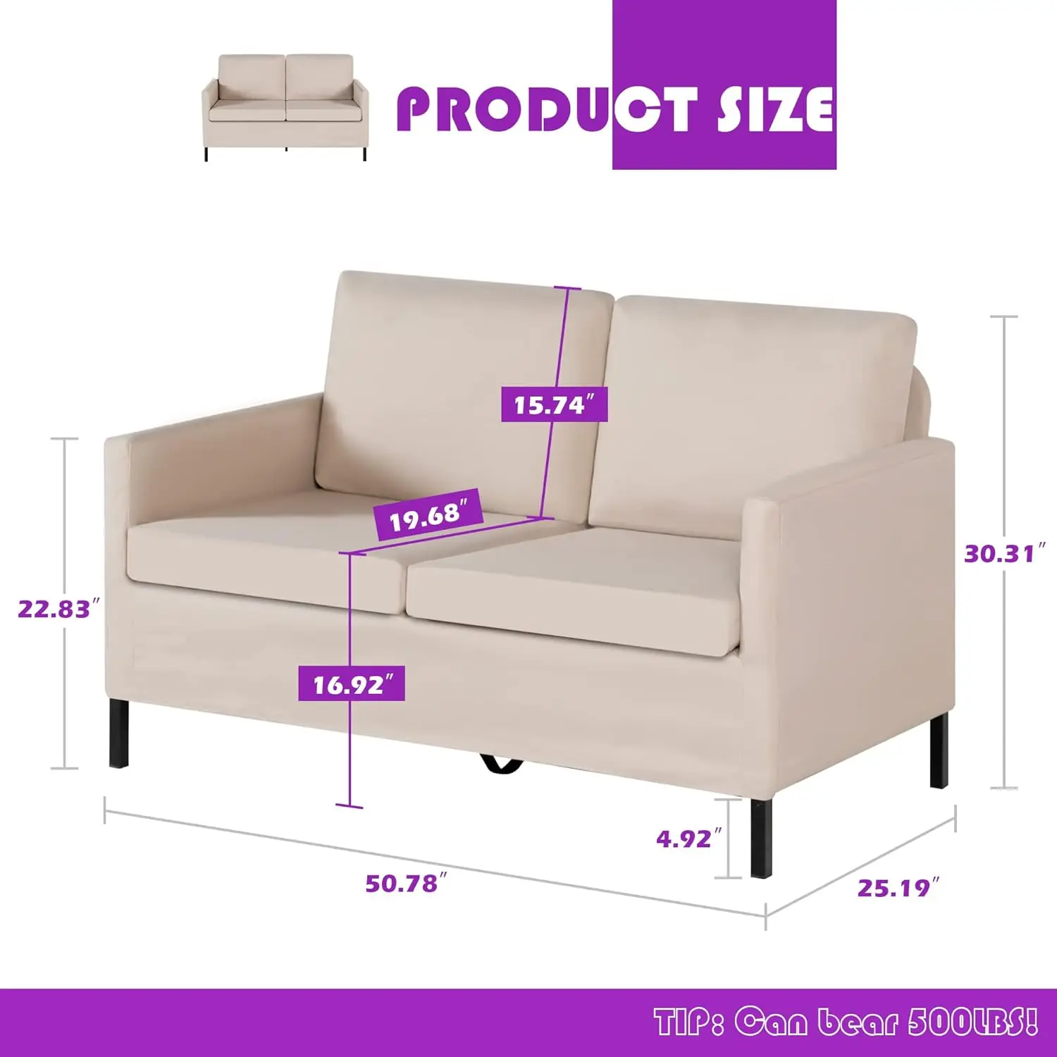 Fabric Modern Small Loveseat Sofa Couch for Living Room, 51 Inch Upholstered 2-Seater Love Seats w/Iron Legs