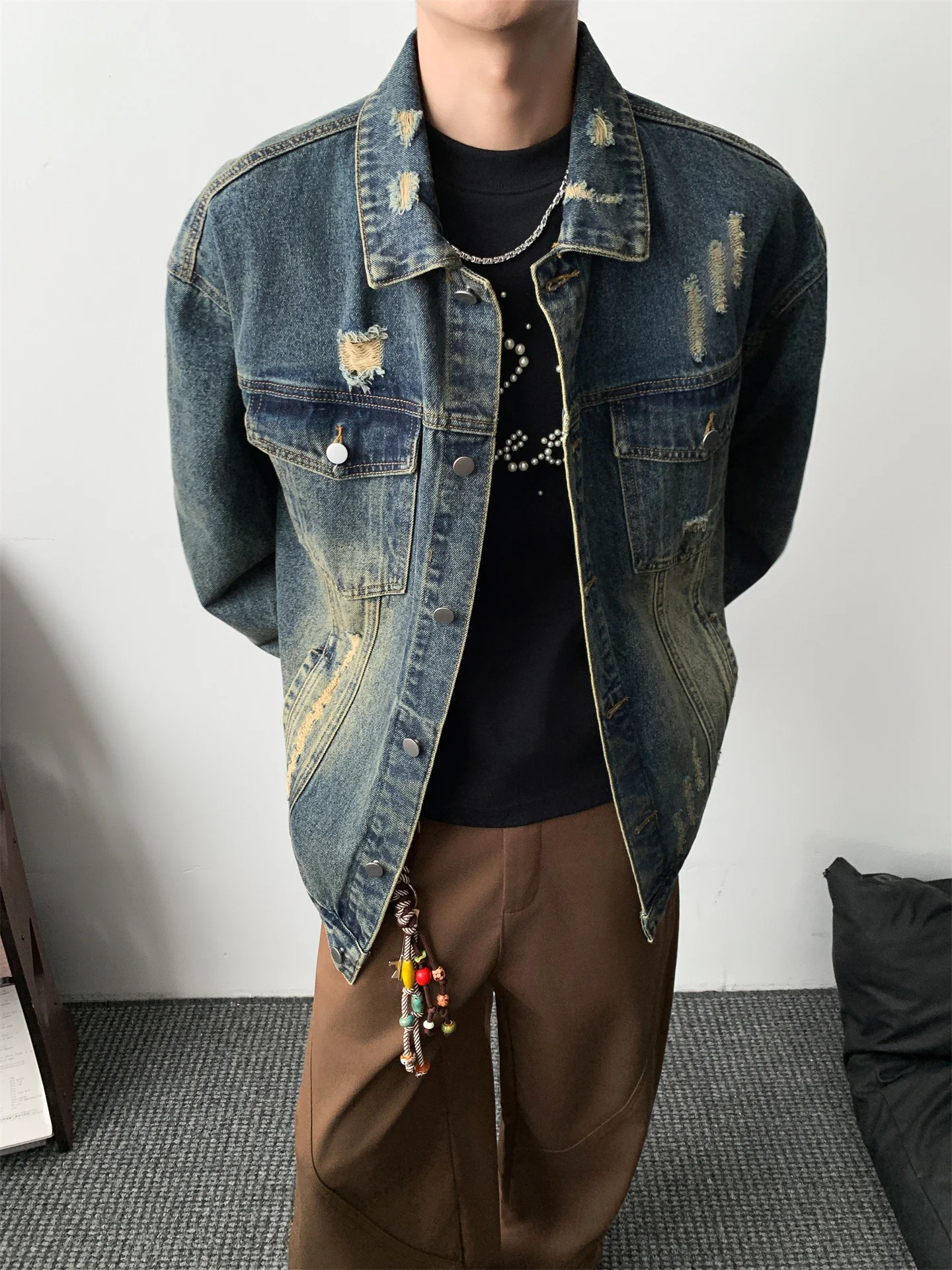 

Retro American Waed Denim Jaet Men's Spring Autumn Loose Street Sle Couple Match Outerwear Youth Trend Worn Look