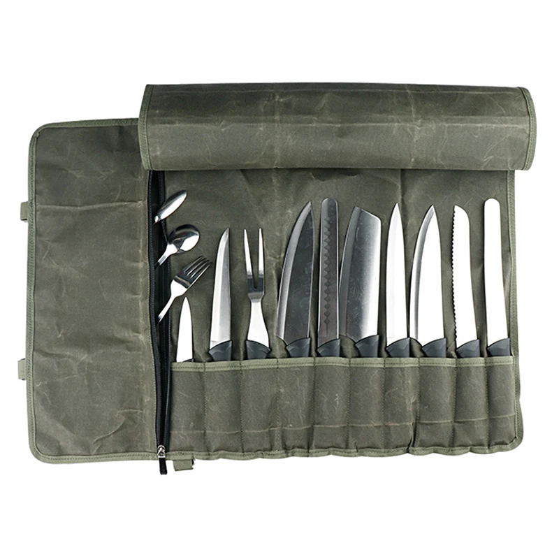 Canvas Chef Knife Roll Bag Portable Chef Kitchen Knife Storage Pockets 11 Slot Durable School Camping Cooking Knives Carry Case