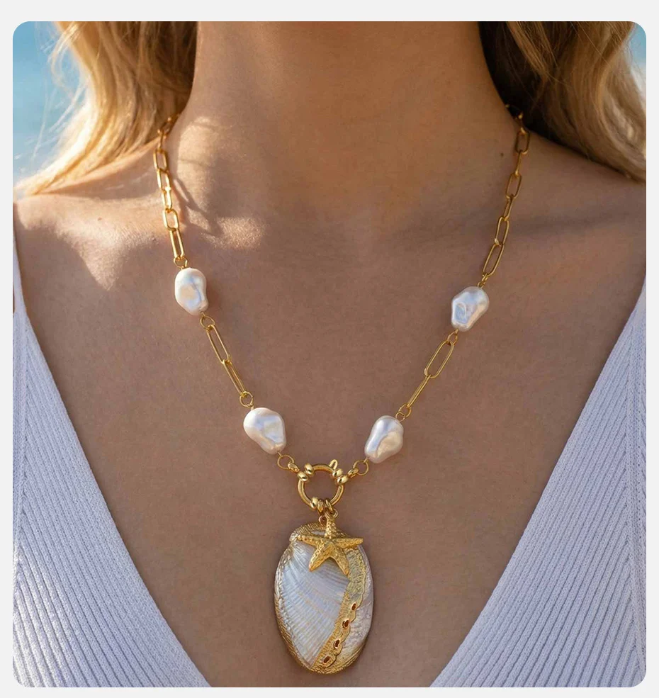 Vnox Ozean-Themen Vergoldete Imitationsperlen Abalone Seestern Anhänger Halskette für Damen, Vintage Urlaubsschmuck – Detail 2