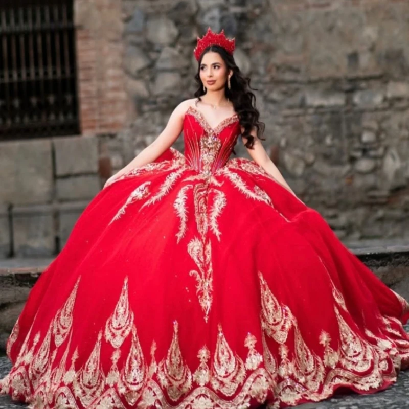 

Red Shiny Quinceanera Dresses Off The Shoulder Applique Beading Crystal Tull Corset Party Birthday Sweet 16 Dress Vestidos 15 De
