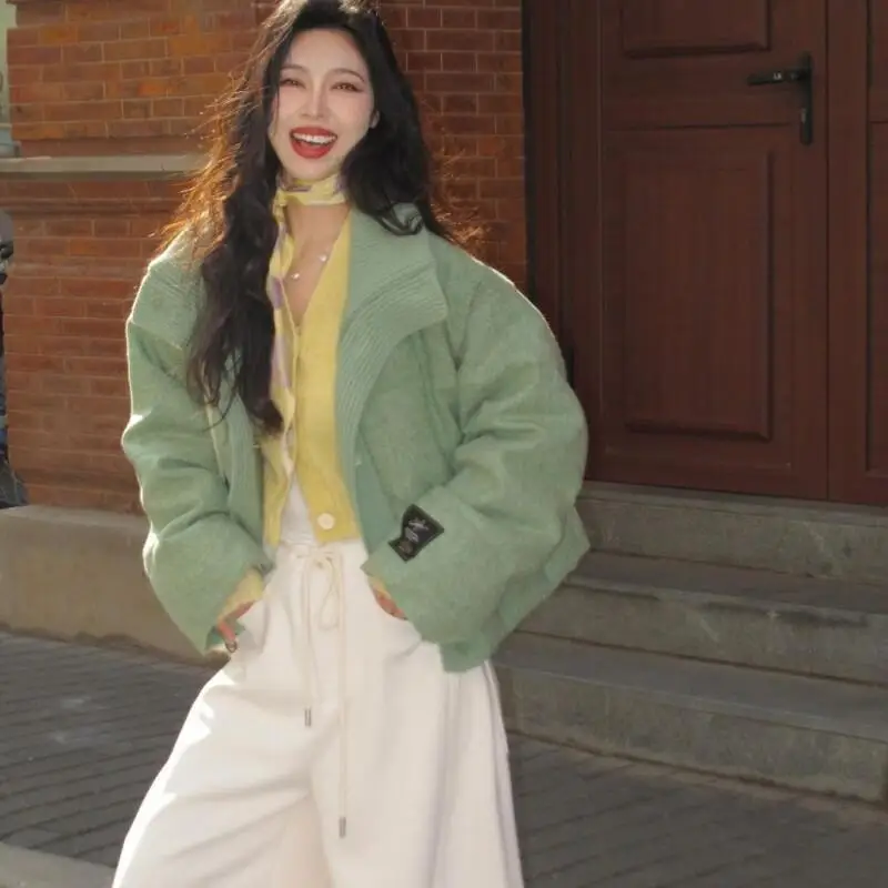 

Women Winter Coat Green Youthful Commute Short Lapel Cotton Jacket Coat Outerwear Design Niche Elegant Top Autumn Winter