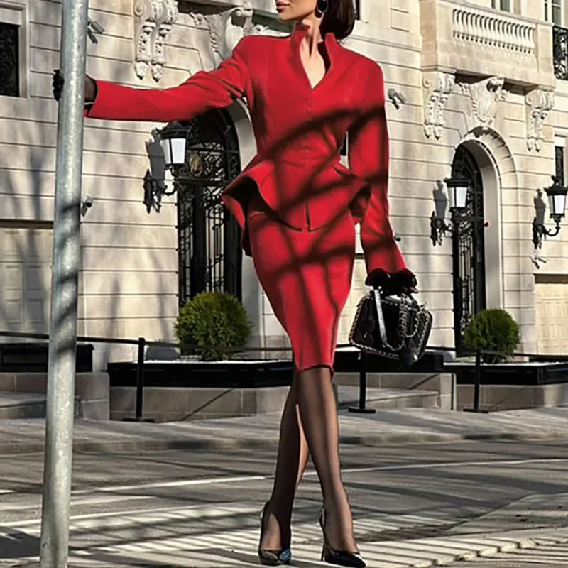 

New Women Casual Long Sleeved Office Set Fashion Solid Color Slim Fit Party Outfit Sexy V Neck Button Top And A-line Skirt Suit