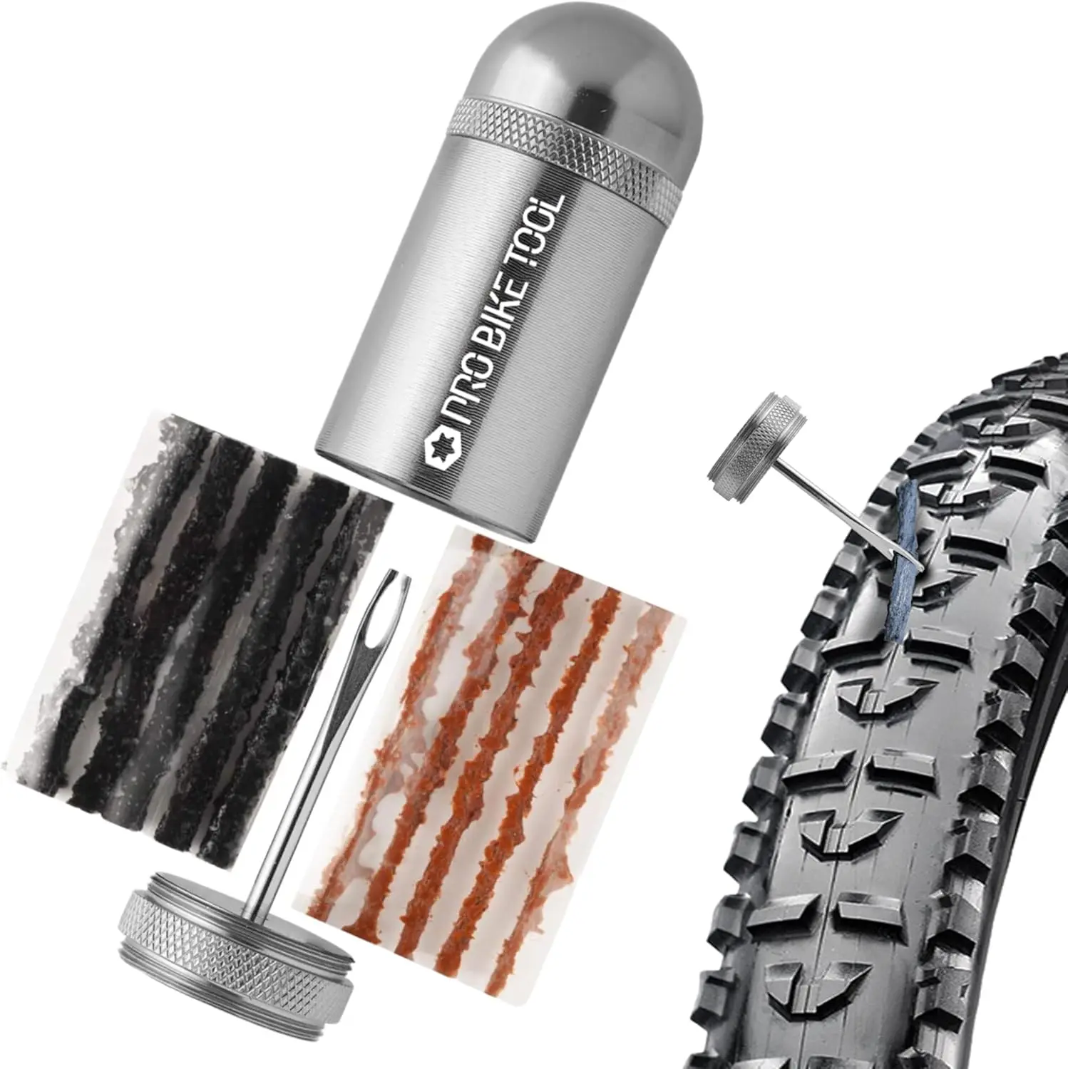 

Tubeless Bike Tire Repair Kit for MTB and Road Bicycles - Fix Punctures Fast with Plugger Tool, Plugs, and Storage Canister
