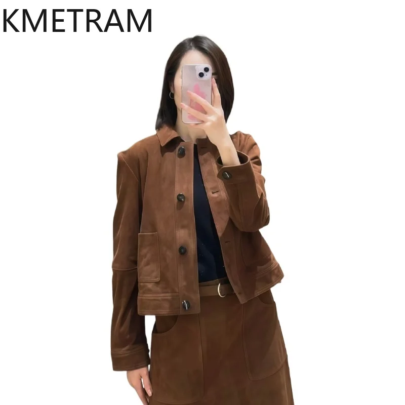 KMETRAM Genuine Sheepskin Leather Jacket Woman Retro Suede Short Coat Casual Autumn Jackets Premium Women Clothing 2026 jaqueta