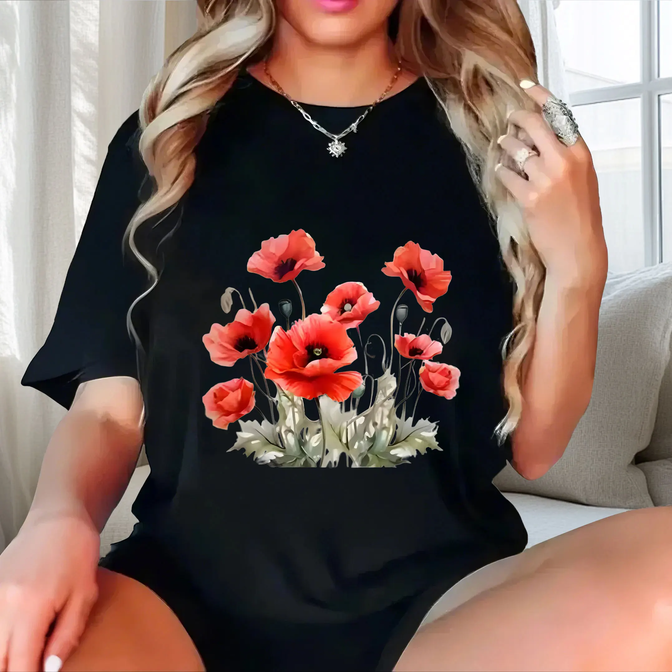 

Flower clusters with printed flowers plus size Ladies' casual short sleeved T-shirt black
