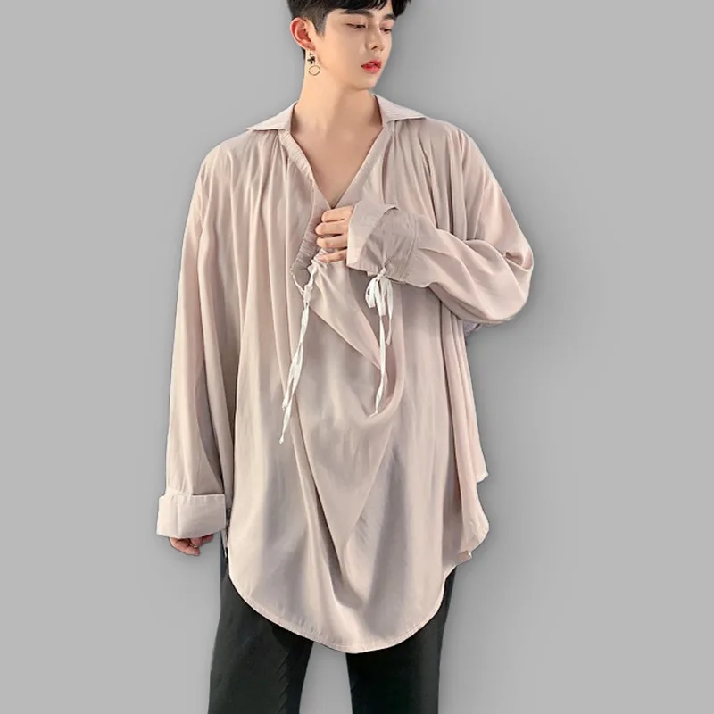 

Medieval Loose Retro Mens Shirts Luxury Designer Brand Beamsilk Satin Smooth Drawstring Lapel Men's Long Sleeve Oversized Shirt